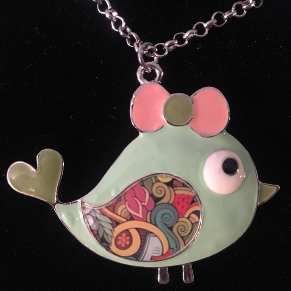 3/$25 Long Enameled Mint Bird Pendant Necklace - Picture 2 of 5